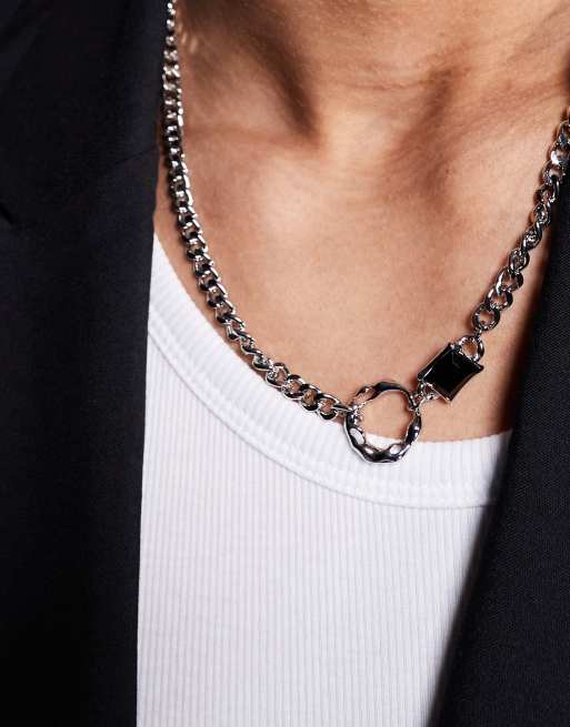 ASOS DESIGN - Grove schakelketting met zwarte hanger in zilverkleur
