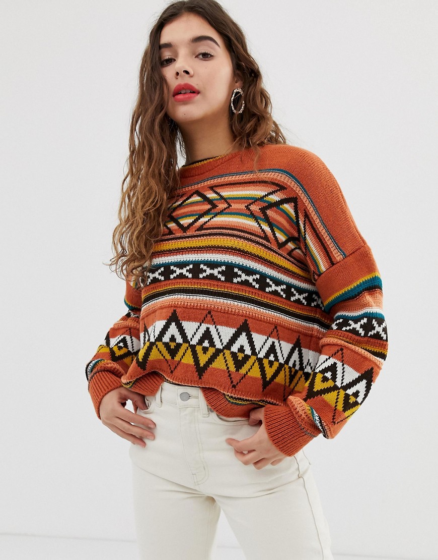 ASOS DESIGN – Grovstickad tröja med aztec-mönster-Flerfärgad