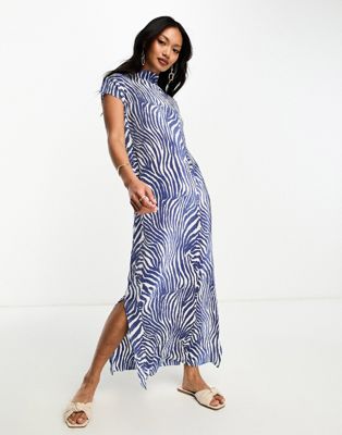 ASOS DESIGN grown neck plisse midi dress with cap sleeve in blue zebra
