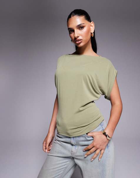 ASOS DESIGN grown on angel sleeves cupro oversized tee in olive - view 1