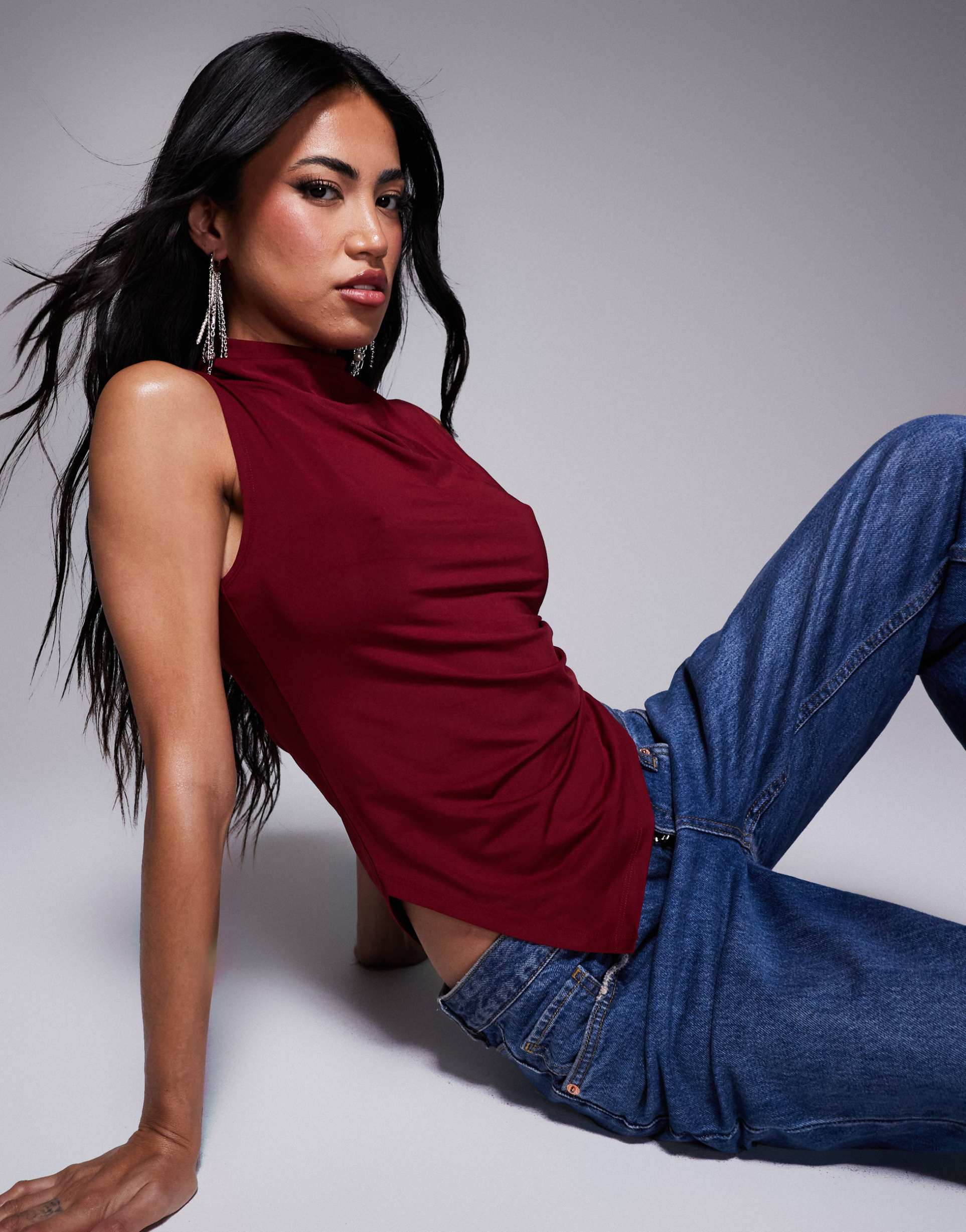 asos design grown on high neck gathered asymmetric hem top in burgundy