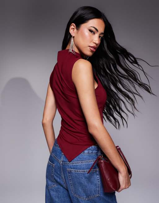 ASOS DESIGN grown on high neck gathered asymmetric hem top in burgundy