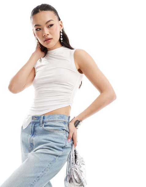 ASOS DESIGN grown on high neck gathered asymmetric hem top in ivory - view 1