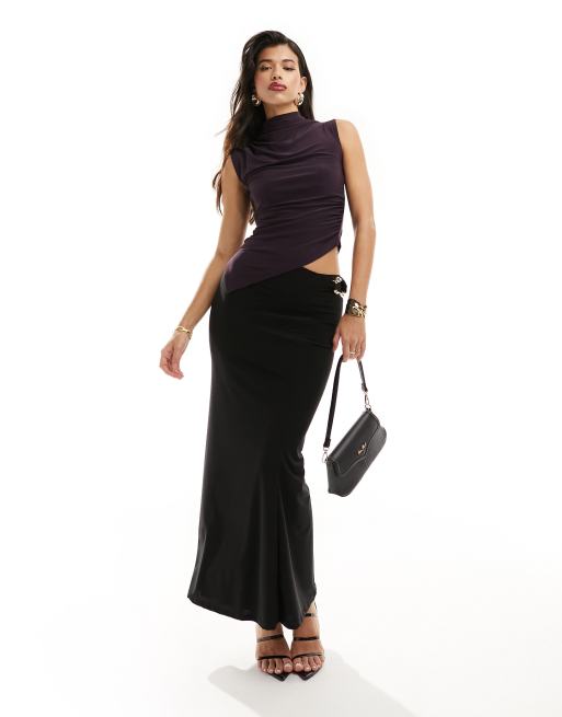 ASOS DESIGN grown on high neck gathered asymmetrical hem top in black  currant