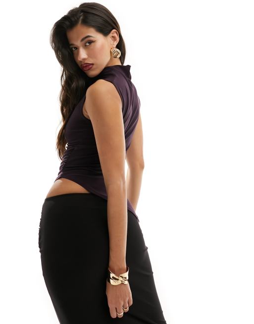 ASOS DESIGN grown on high neck gathered asymmetrical hem top in black currant