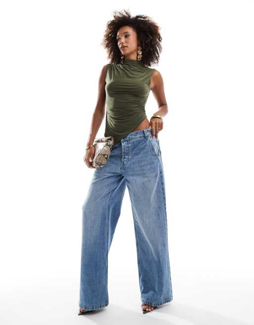 ASOS DESIGN grown on high neck gathered asymmetrical hem top in khaki