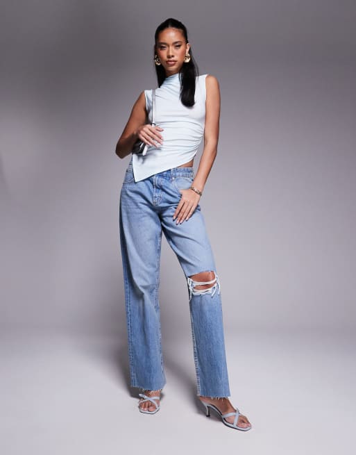 ASOS DESIGN grown on high neck gathered asymmetrical hem top in pastel blue