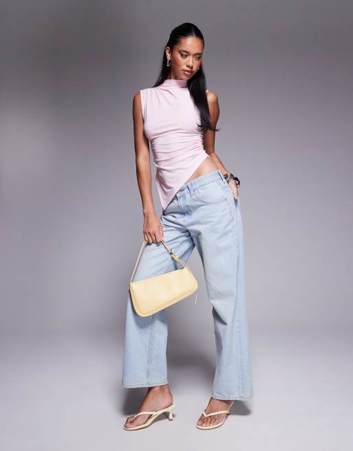 ASOS DESIGN grown on high neck gathered asymmetrical hem top in pastel pink