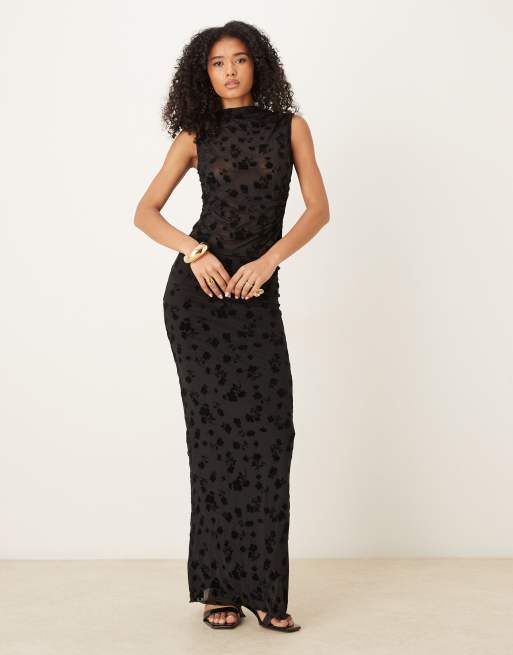 ASOS DESIGN grown on neck burnout flocked mesh sheer top in black