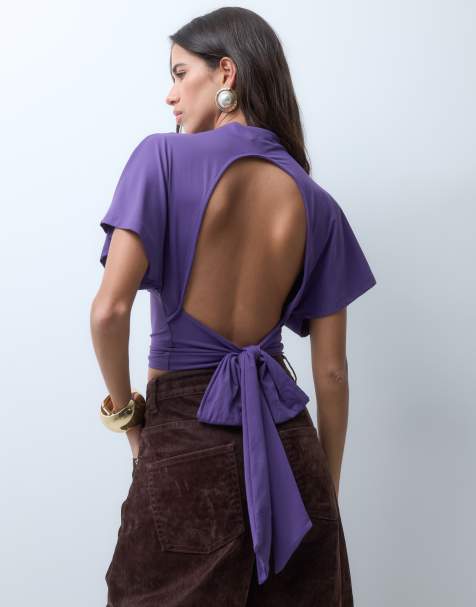 ASOS DESIGN grown on neck cap sleeve tie back top in plum - view 1