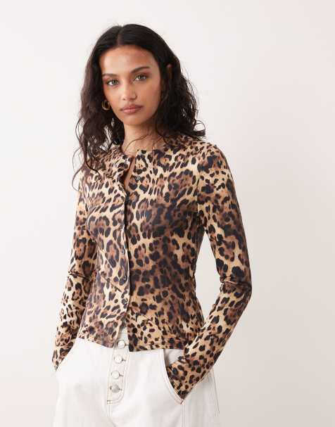 ASOS DESIGN grown on neck cardigan in leopard print - view 1