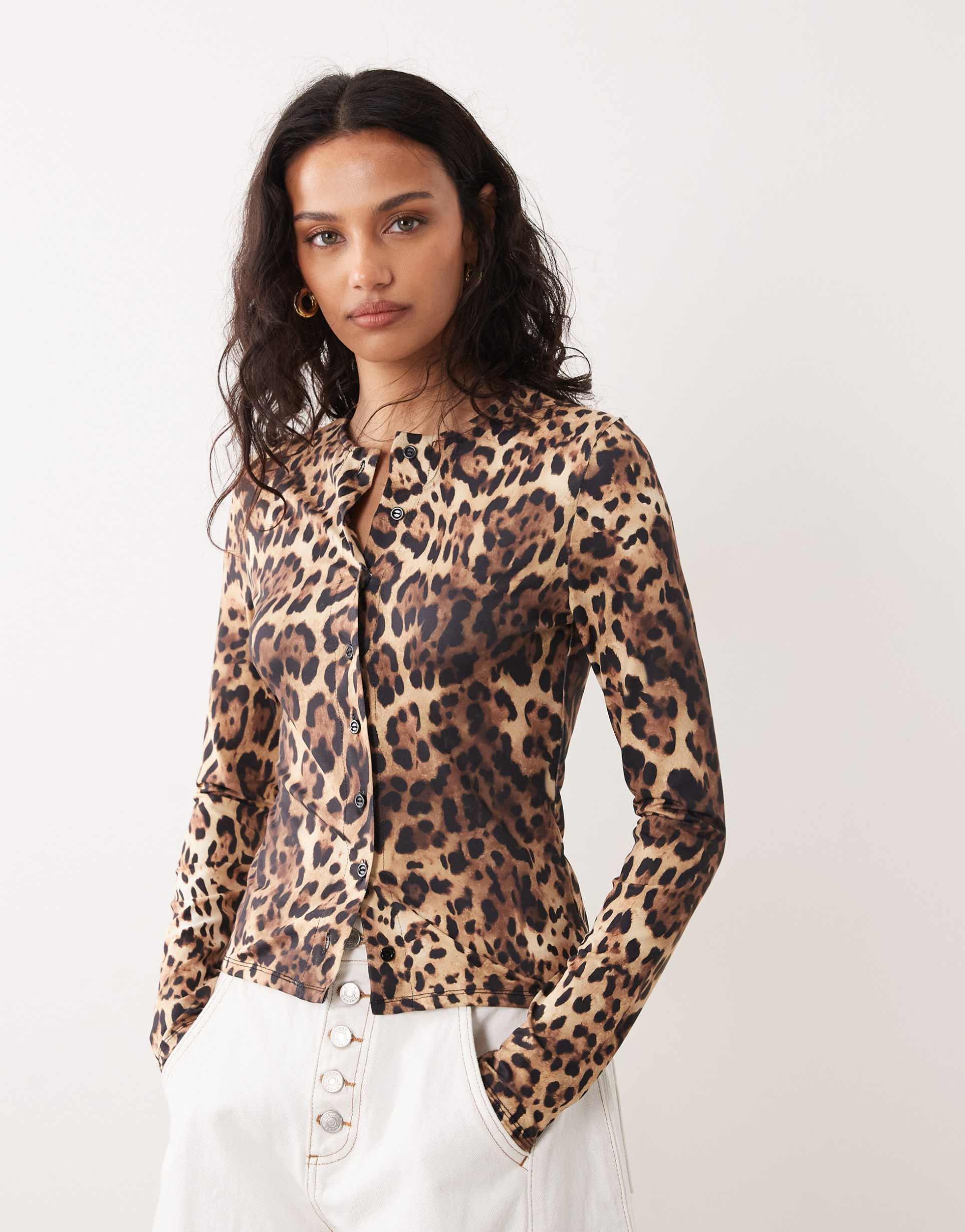 asos design grown-on neck cardigan in leopard print