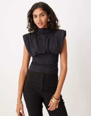 ASOS DESIGN grown on neck cinched top with shoulder pad detail in black