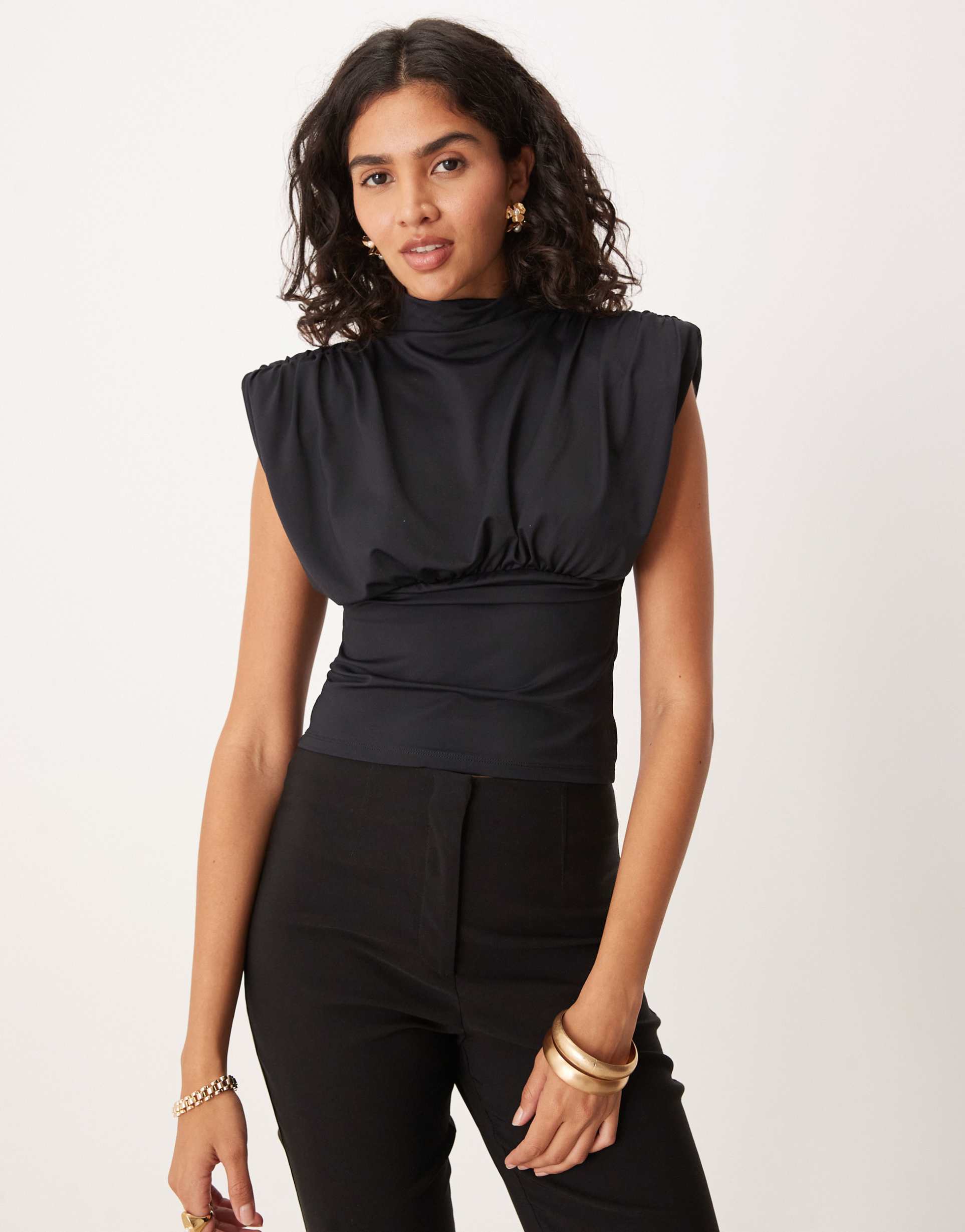 asos design grown on neck cinched top with shoulder pad detail in black