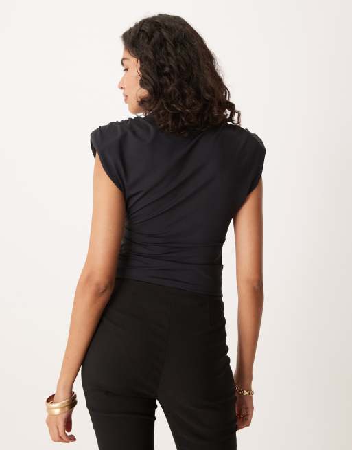 ASOS DESIGN grown-on neck cinched top with shoulder pad detail in black
