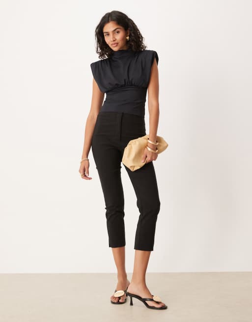 ASOS DESIGN grown-on neck cinched top with shoulder pad detail in black
