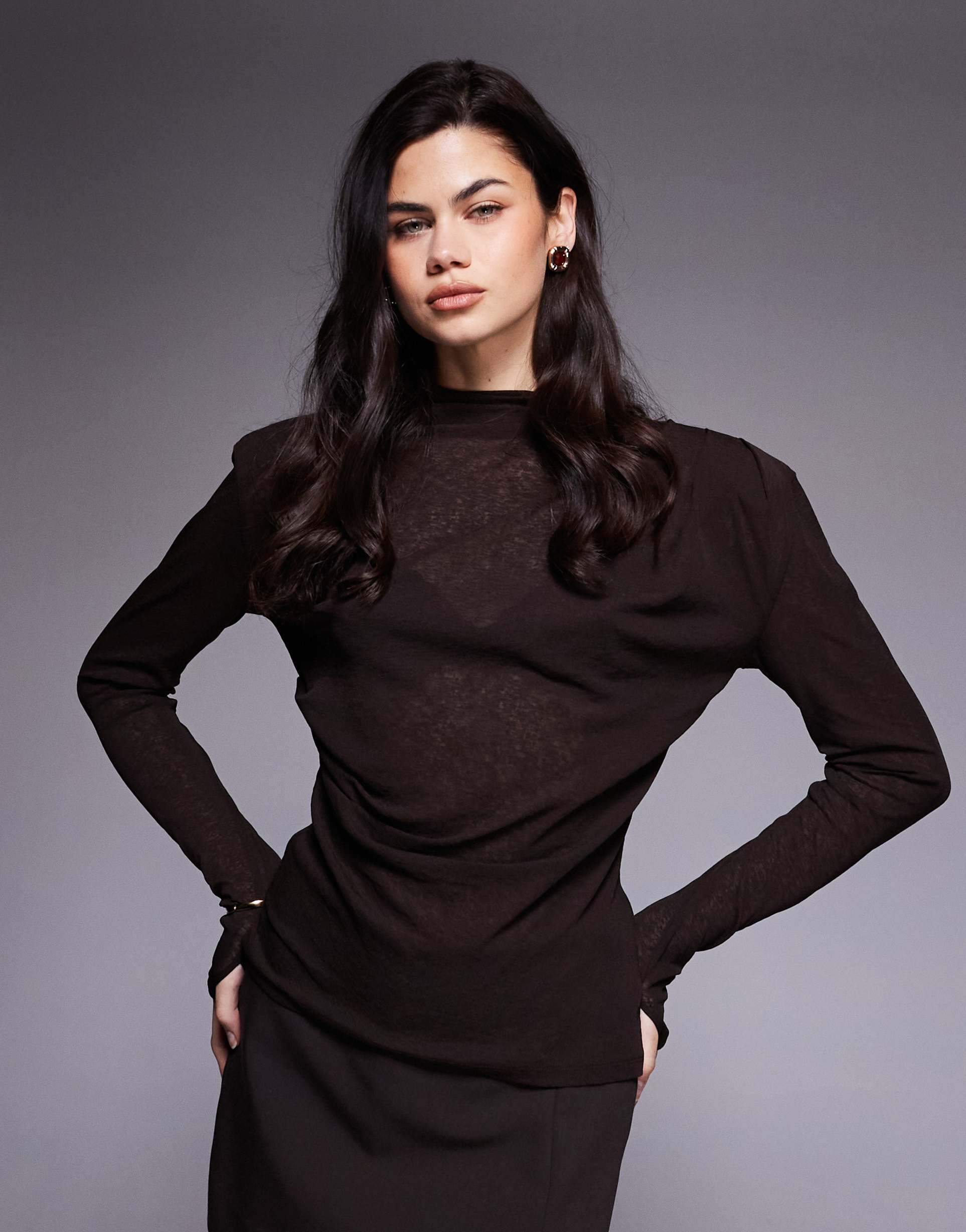 asos design grown on neck draped top in chocolate