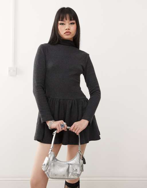 ASOS DESIGN grown on neck dropped waist mini dress in gray