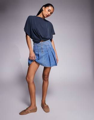 Asos Design Grown On Neck Floaty Batwing Top With Twist Front Detail In Blue