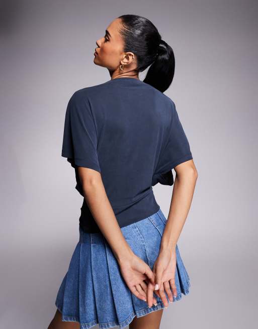 ASOS DESIGN grown on neck floaty batwing top with twist front detail in navy