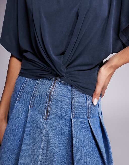 ASOS DESIGN grown on neck floaty batwing top with twist front detail in navy
