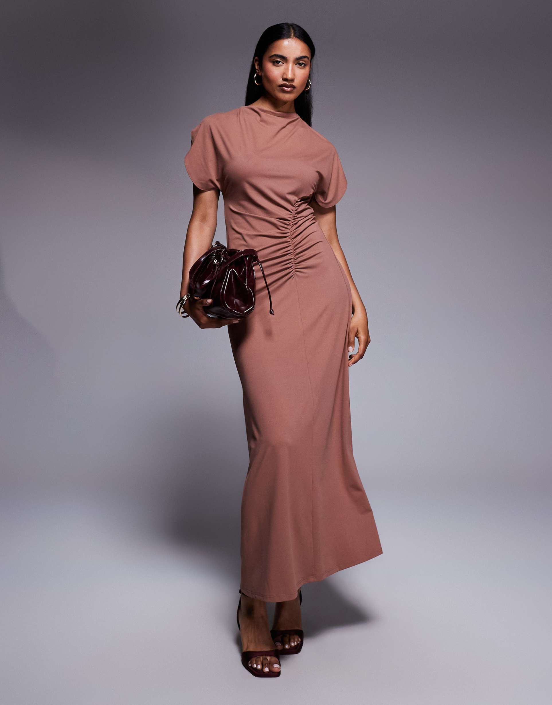 asos design grown-on neck flutter sleeve ruched detail maxi dress in brown