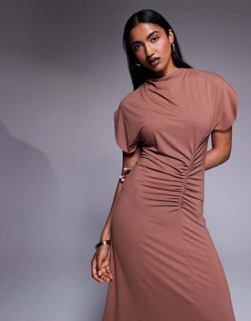ASOS DESIGN grown on neck flutter sleeve ruched detail maxi dress in brown, 2 of 4
