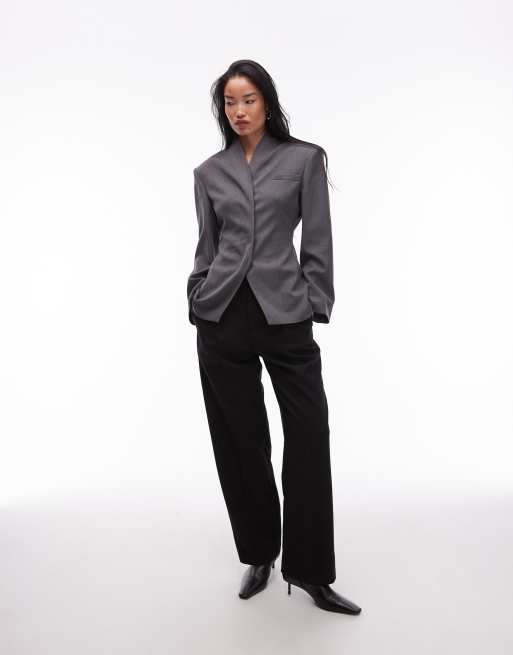 ASOS DESIGN grown on neck high break point blazer in gray