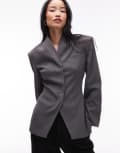 [ASOS DESIGN] ASOS DESIGN grown on neck high break point blazer in grey 16 Grey marle