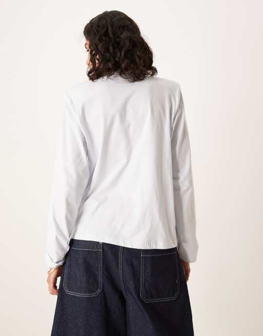 ASOS DESIGN grown on neck long sleeve crew top with shoulder pads in baby blue, 4 of 4