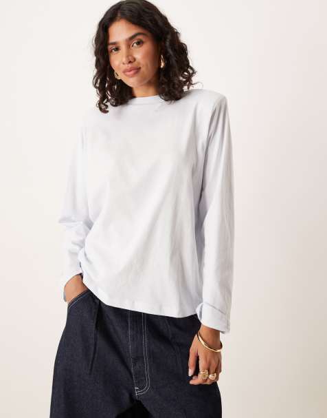 ASOS DESIGN grown on neck long sleeve crew with shoulder pads in baby blue - view 1