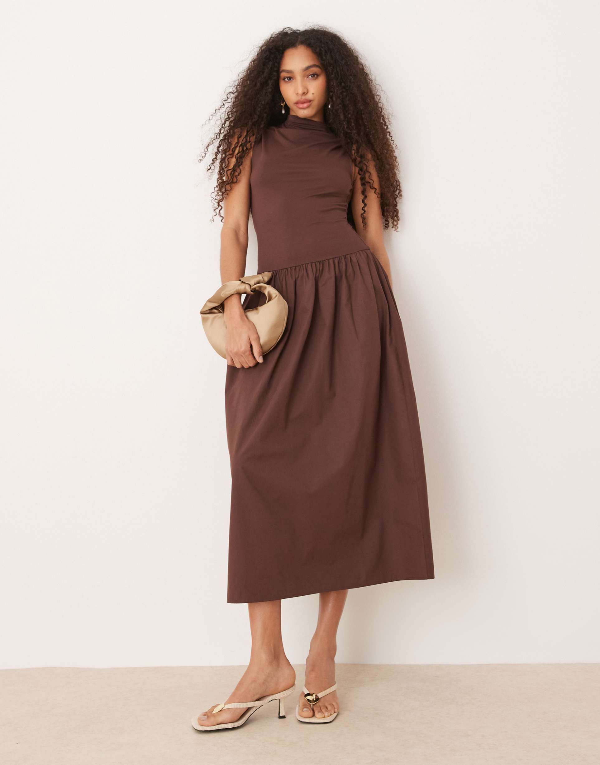 asos design grown on neck maxi dress with poplin mix skirt in brown