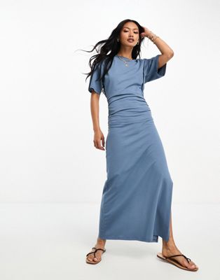 ASOS DESIGN crew neck midi t shirt dress with ruched side in washed blue