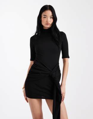 ASOS DESIGN grown on neck mini dress with half sleeve and waist tie detail in bl