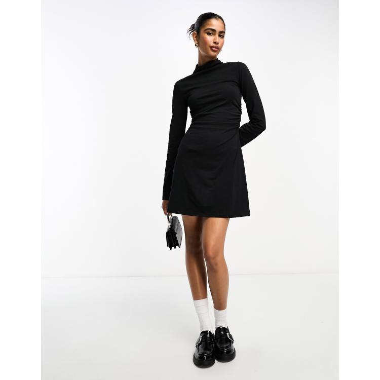 ASOS DESIGN grown on neck mini dress with ruched sides in black