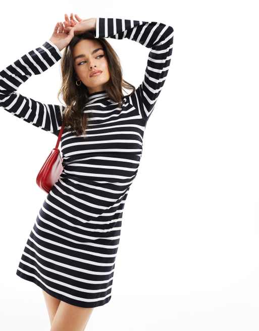 ASOS DESIGN grown on neck mini dress with long sleeve in monochrome stripe