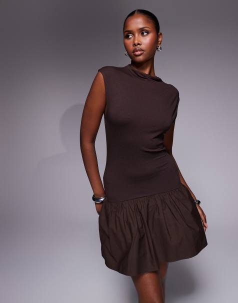 ASOS DESIGN grown on neck mini dress with poplin mix skirt in brown - view 1
