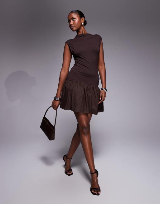 ASOS DESIGN grown on neck mini dress with poplin mix skirt in brown, 3 of 4