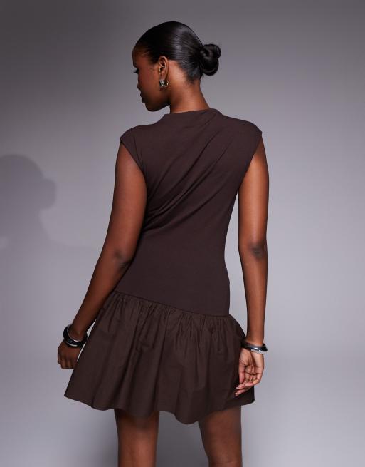 ASOS DESIGN grown on neck mini dress with poplin mix skirt in brown, 4 of 4