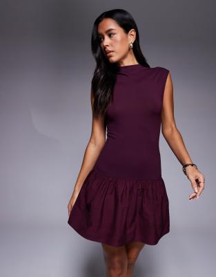 Asos Design Grown On Neck Mini Dress With Poplin Mix Skirt In Purple