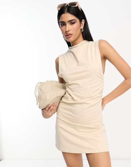 ASOS DESIGN grown on neck mini dress with ruched sides in chocolate