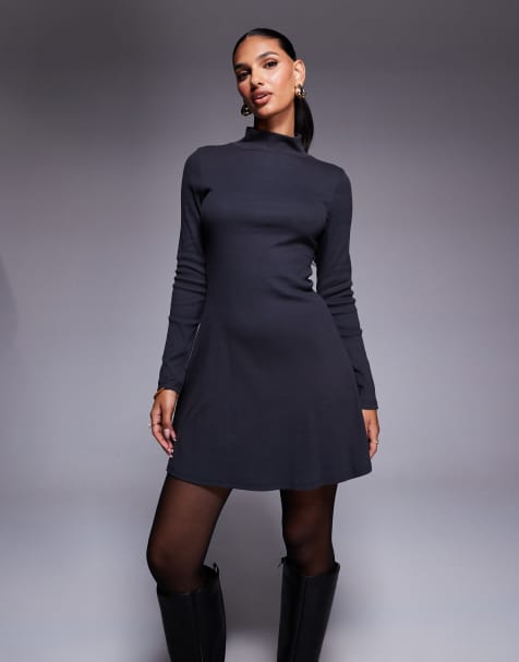 ASOS DESIGN grown on neck roll neck mini dress in charcoal - view 1