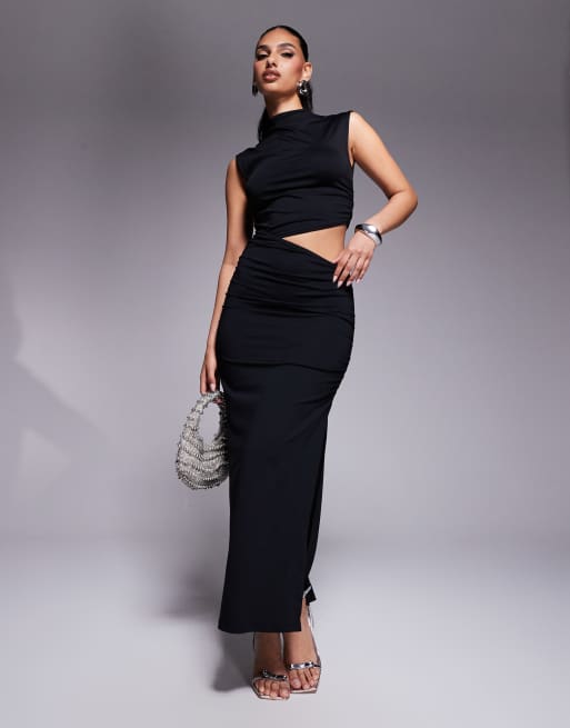 ASOS DESIGN grown on neck ruched cut out maxi dress in black