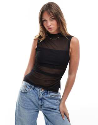 Asos Design Grown On Neck Ruched Sides Sheer Mesh Top In Black