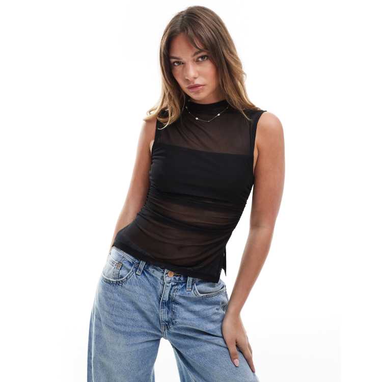 ASOS DESIGN grown on neck ruched sides sheer mesh top in