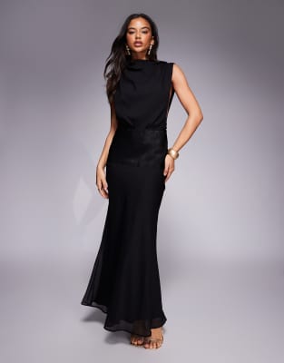 Asos Design Grown On Neck Satin Paneled Maxi Dress In Black