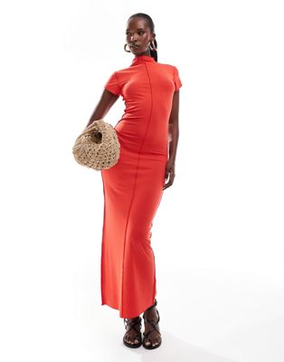 Asos Design Grown-on Neck Seam Detail Midi Dress-red