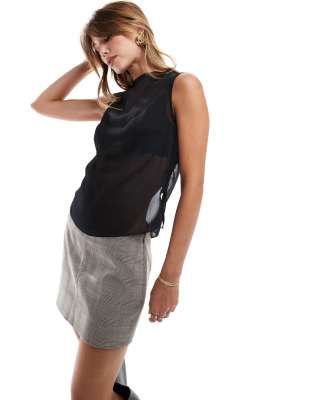 Asos Design Grown On Neck Sheer Crinkle Tank In Black
