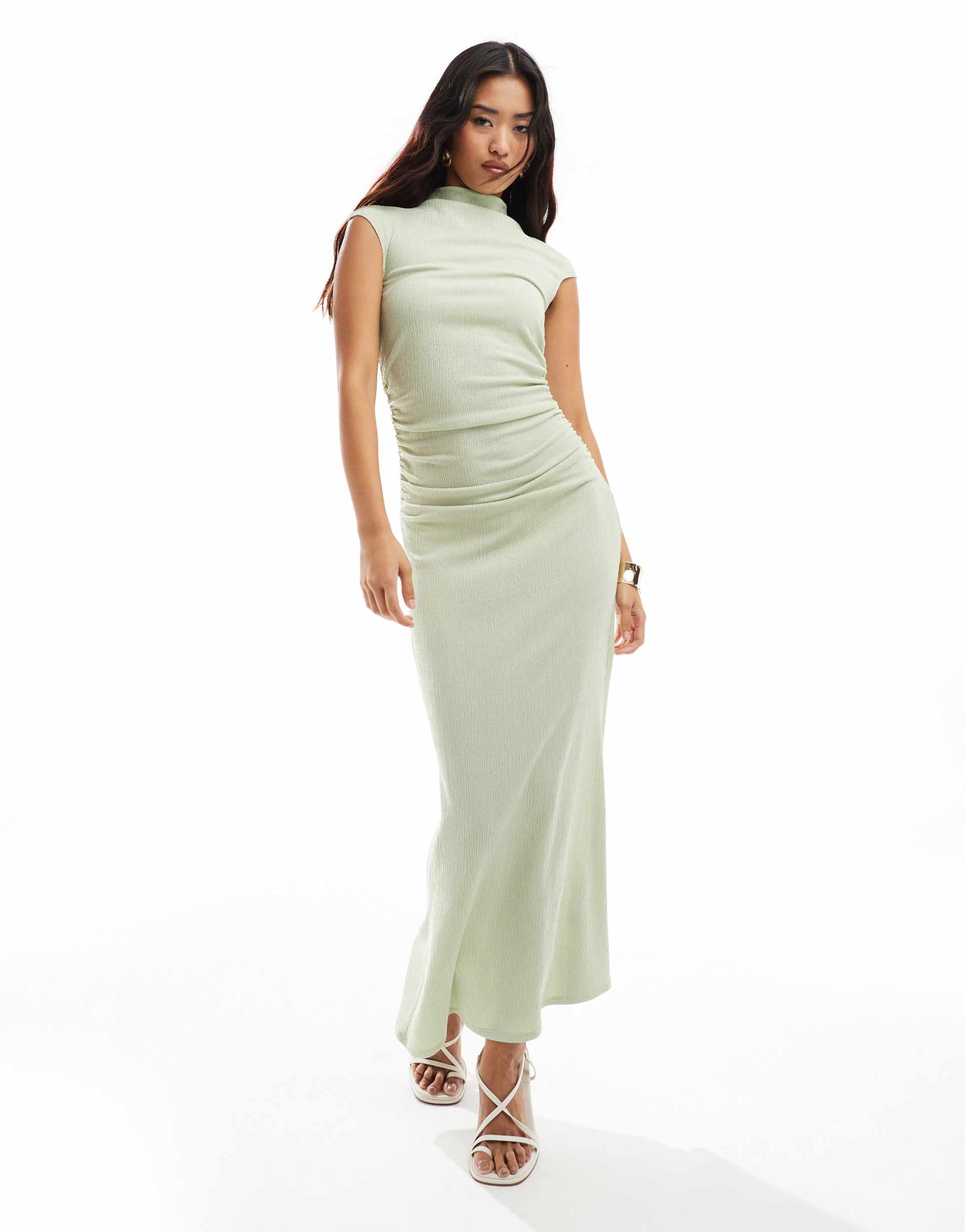 asos design grown on neck short sleeve ruched midi dress in sage green