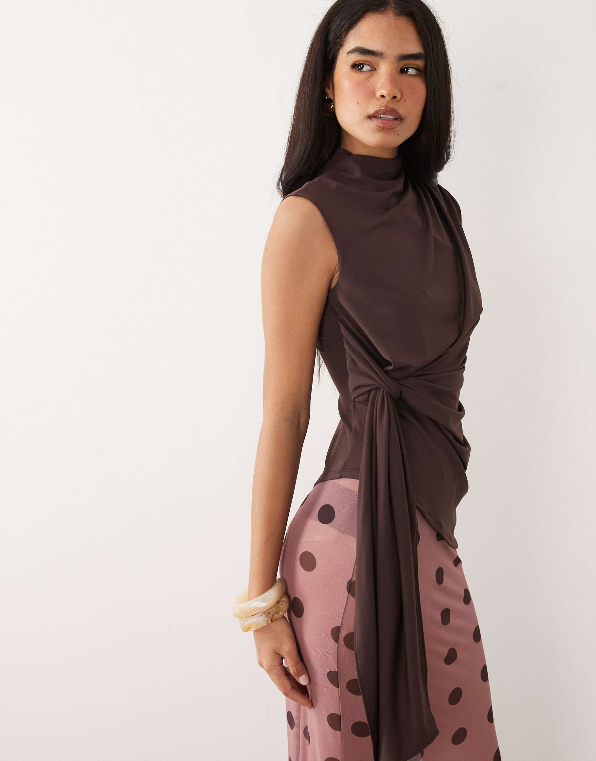asos design grown on neck sleeveless top with tie detail in chocolate
